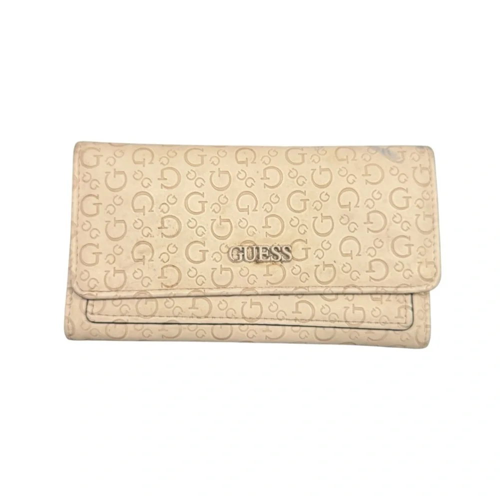 Guess Beige Monogram Clutch Signature Logo Print Designer Evening Bag